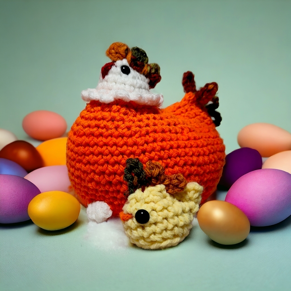 Handmade Crochet Easter Mama Hen and Baby Chick Egg Amigurumi Set